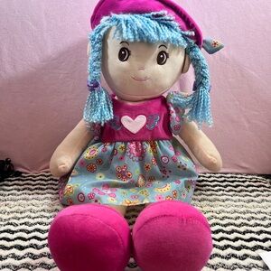 Colorful Senario cloth plush doll  blue yarn hair pink/blue floral dress